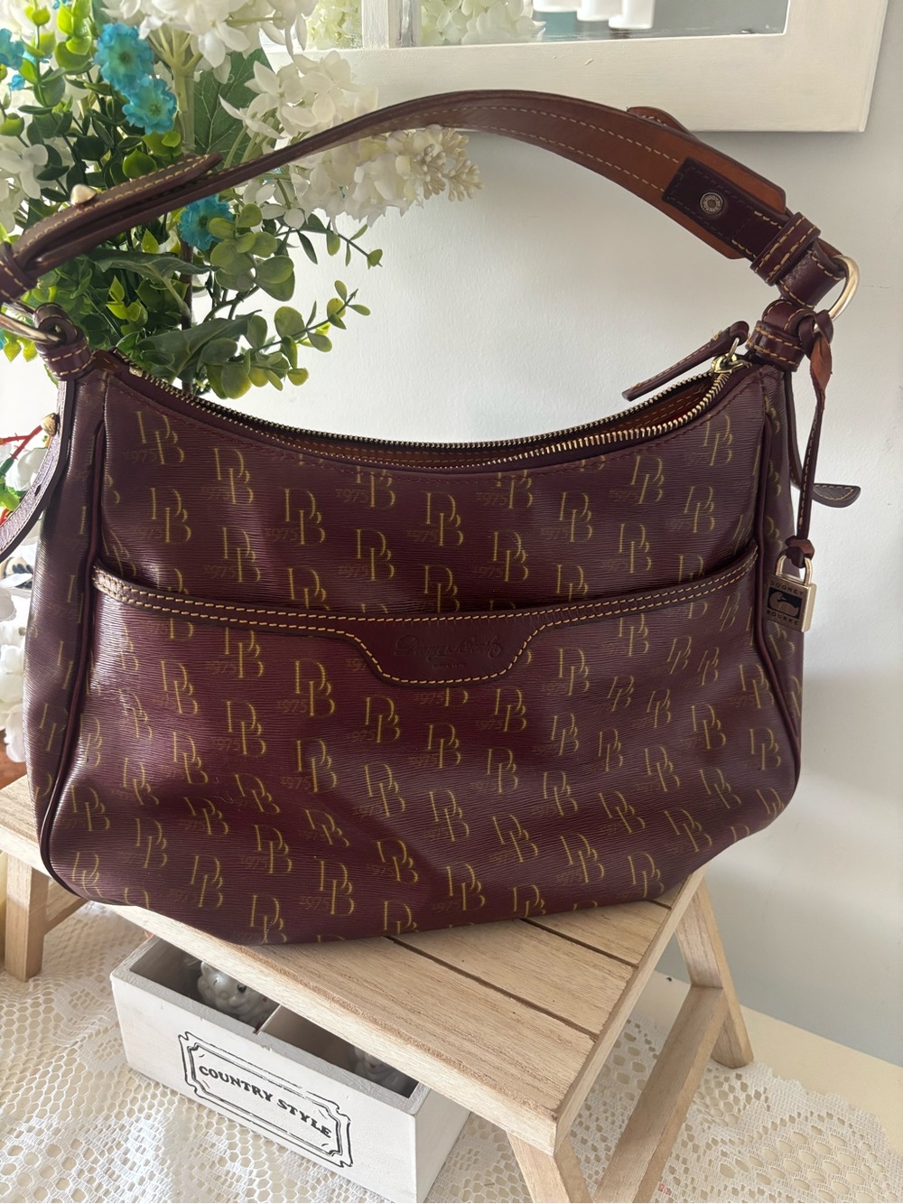 Dooney & Bourke Brown /Burgundy Logo Hobo Shoulder Bag